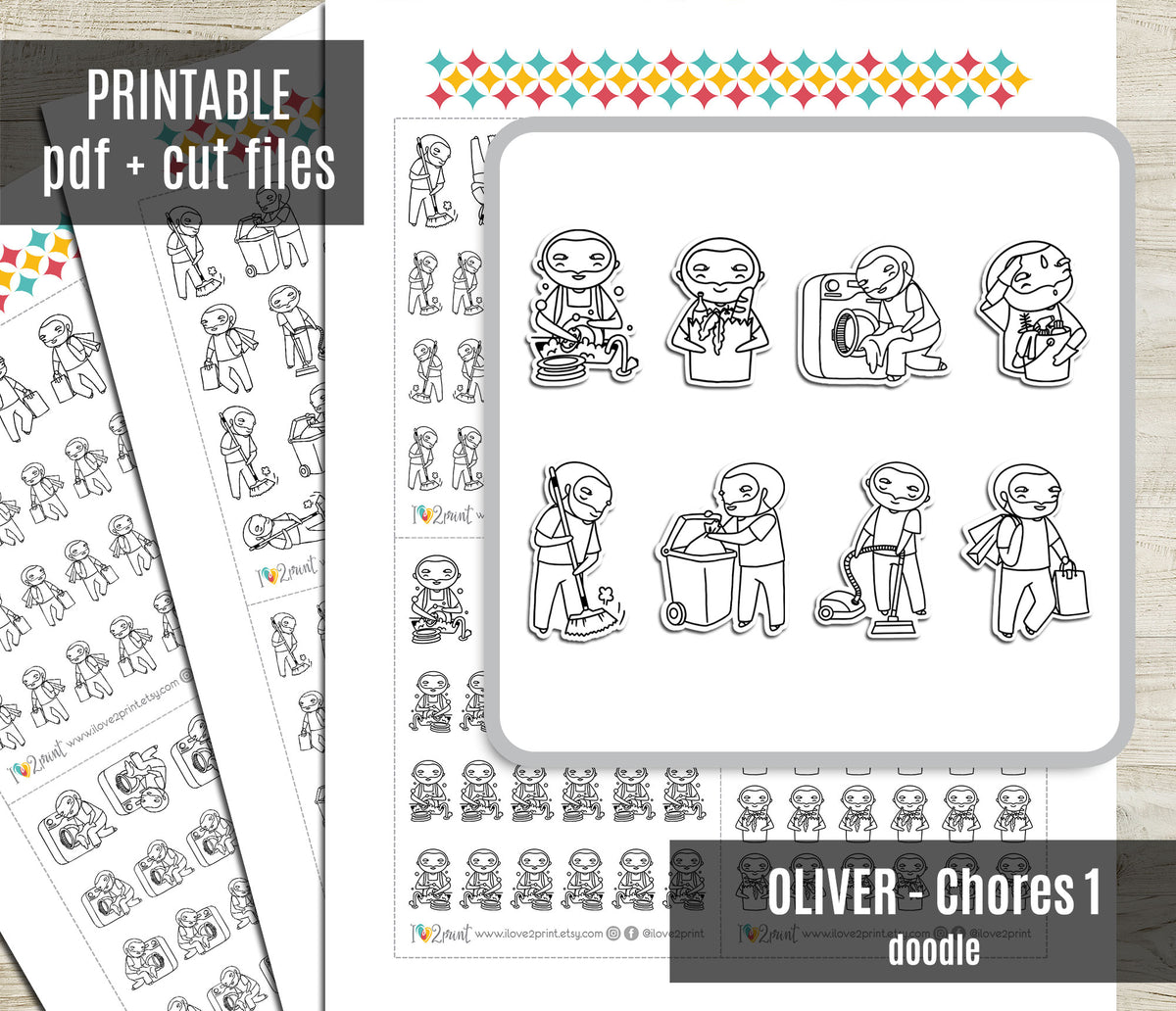 Oliver Chores Coloring Printable Stickers SET 1 | Color In | Cut Files