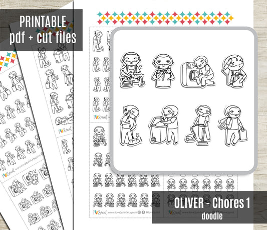 Oliver Chores Coloring Printable Stickers SET 1 | Color In | Cut Files