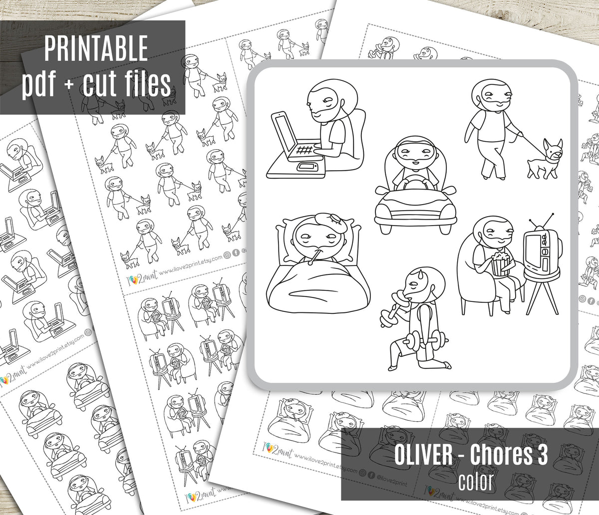 Oliver Chores Set 3 Outline Printable Stickers | Color In | Cut Files