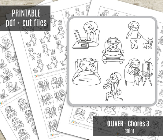 Oliver Chores Set 3 Outline Printable Stickers | Color In | Cut Files