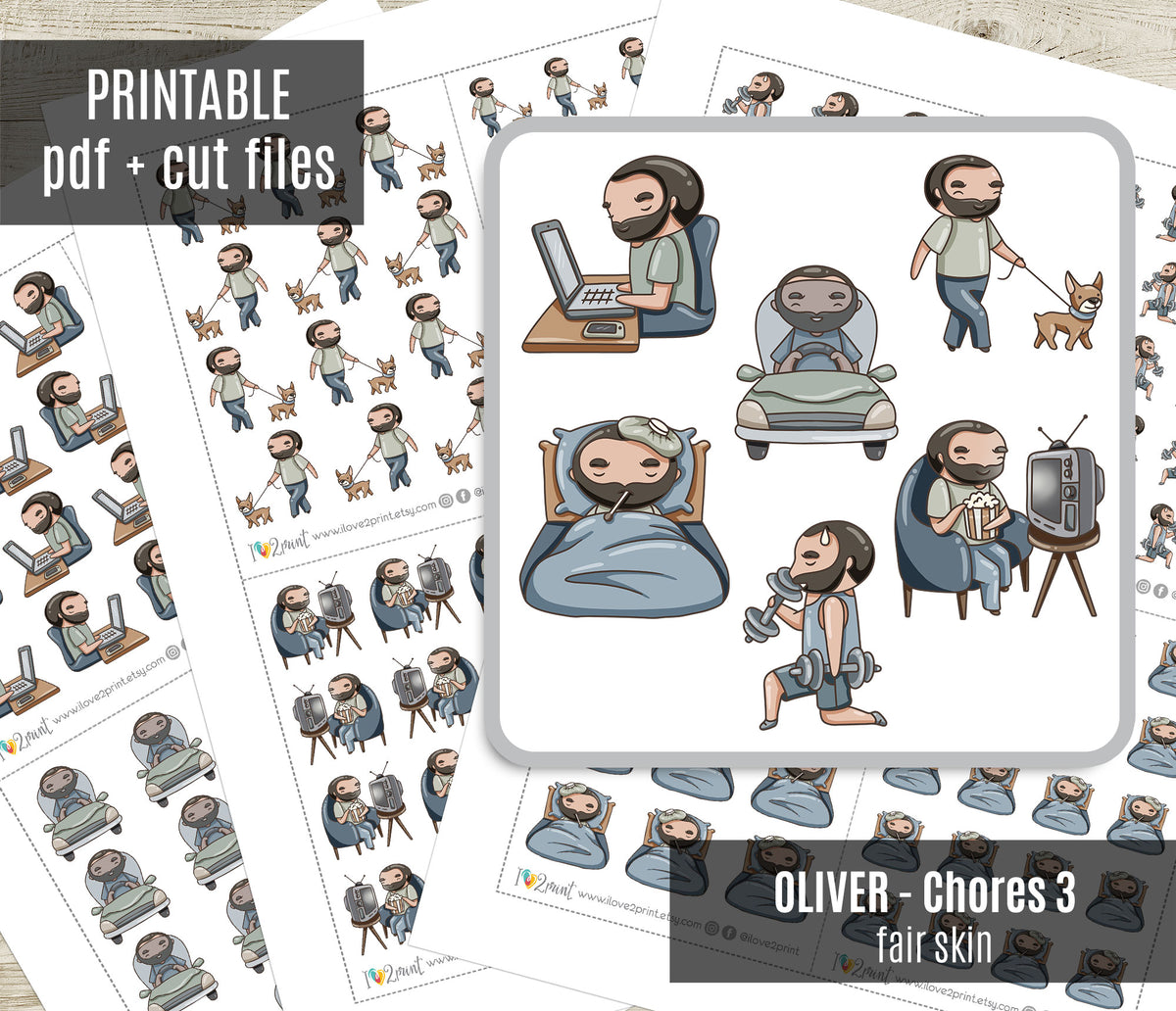 Oliver Chores Set 3 Light Skin Printable Stickers | Cut Files