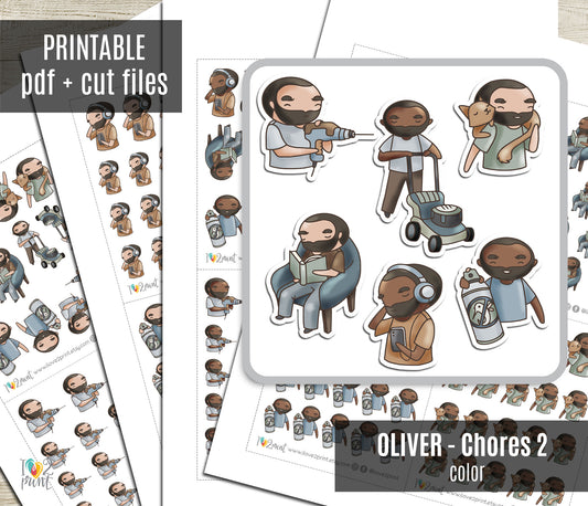 Oliver Chores Set 2 Color Printable Stickers | 2 Skin Tones | Cut Files