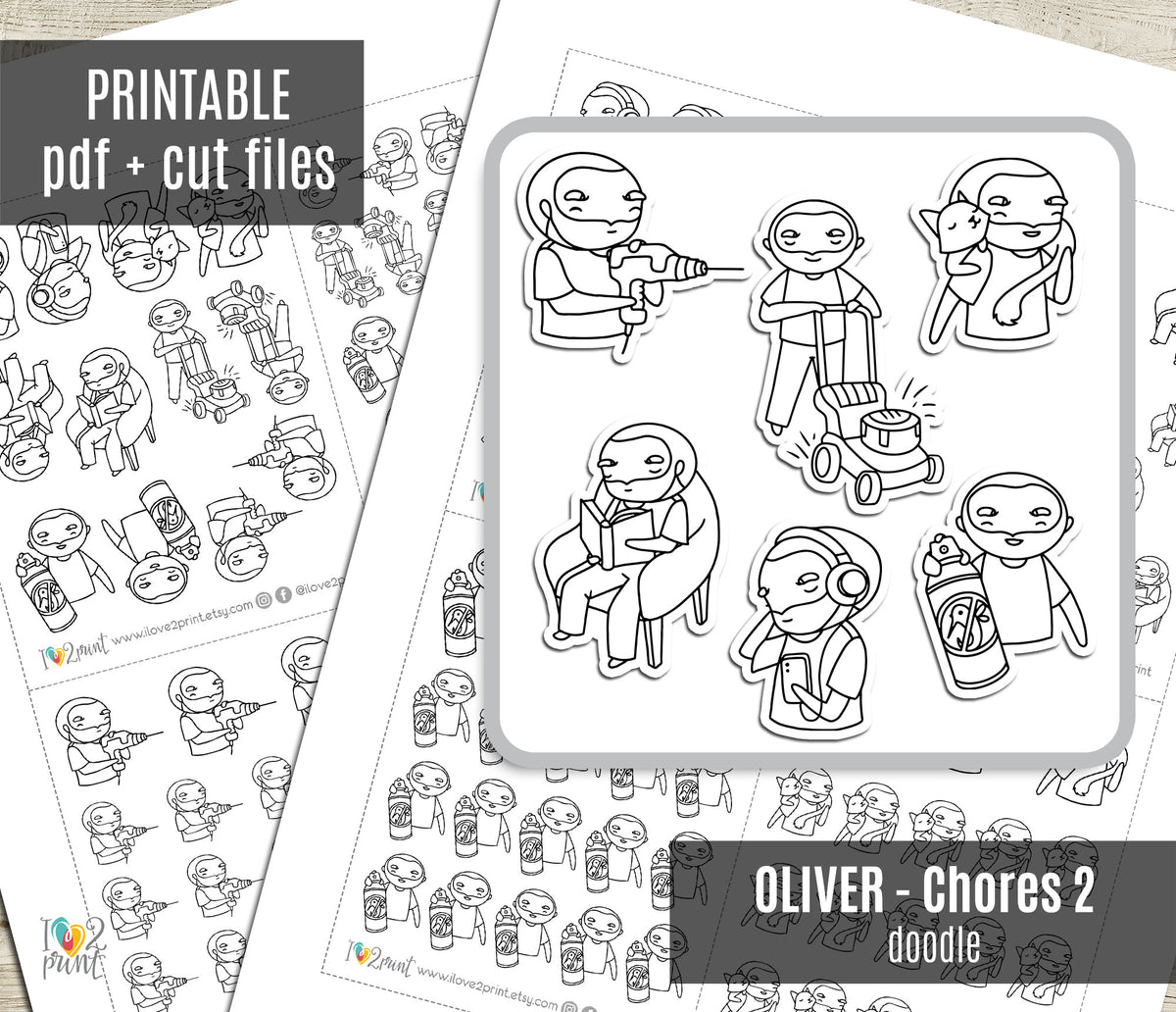 Oliver Chores Set 2 Outline Printable Stickers | Color In | Cut Files
