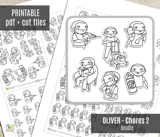 Oliver Chores Set 2 Outline Printable Stickers | Color In | Cut Files