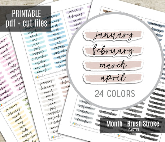 Month Headers Brush Stroke Pastel Color Stickers - Printable Month Banner - PDF & Cut Files