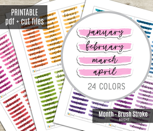 Month Headers Brush Stroke Bright Color Stickers - Printable Month Banner - PDF & Cut Files