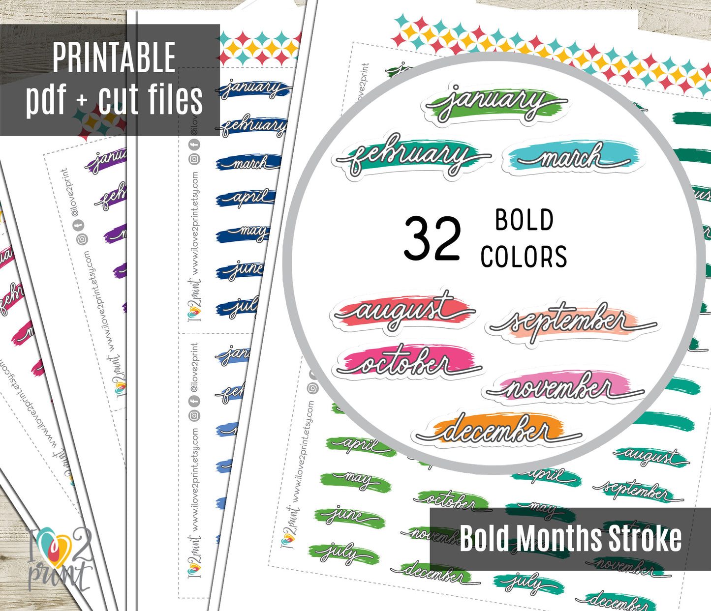 Printable Month Stickers – BRIGHT Color Stroke Style - PDF & Cut Files