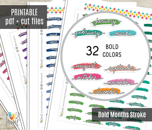Printable Month Stickers – BRIGHT Color Stroke Style - PDF & Cut Files