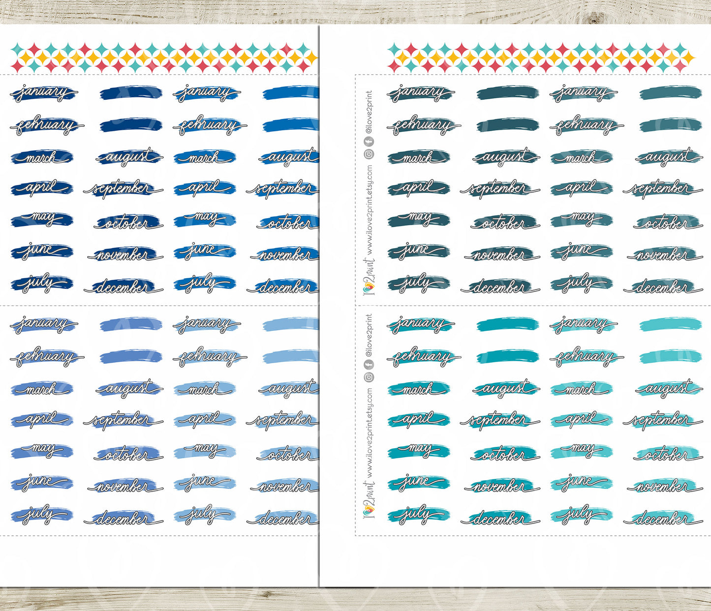 Printable Month Stickers – BRIGHT Color Stroke Style - PDF & Cut Files