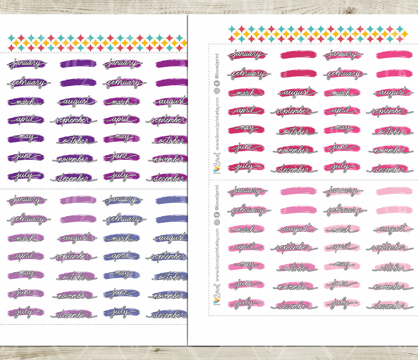Printable Month Stickers – BRIGHT Color Stroke Style - PDF & Cut Files