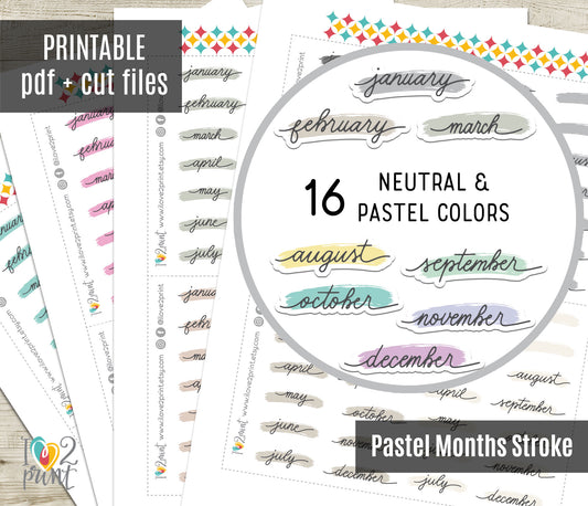 Printable Pastel Month Stickers – Stroke Style, PDF & Cut Files
