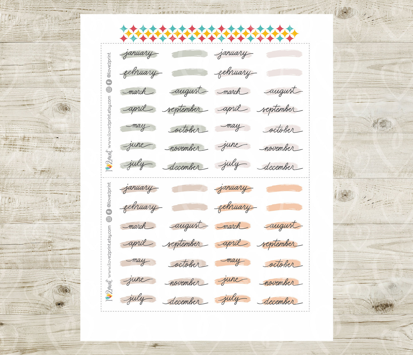 Printable Pastel Month Stickers – Stroke Style, PDF & Cut Files