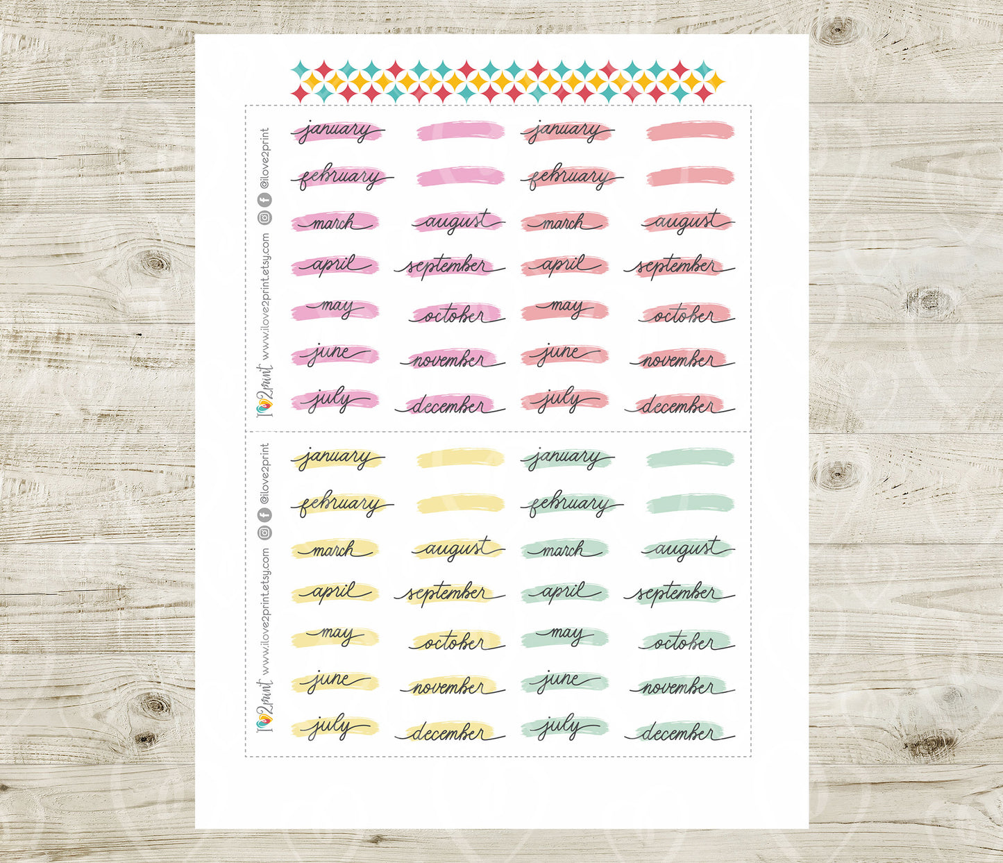 Printable Pastel Month Stickers – Stroke Style, PDF & Cut Files