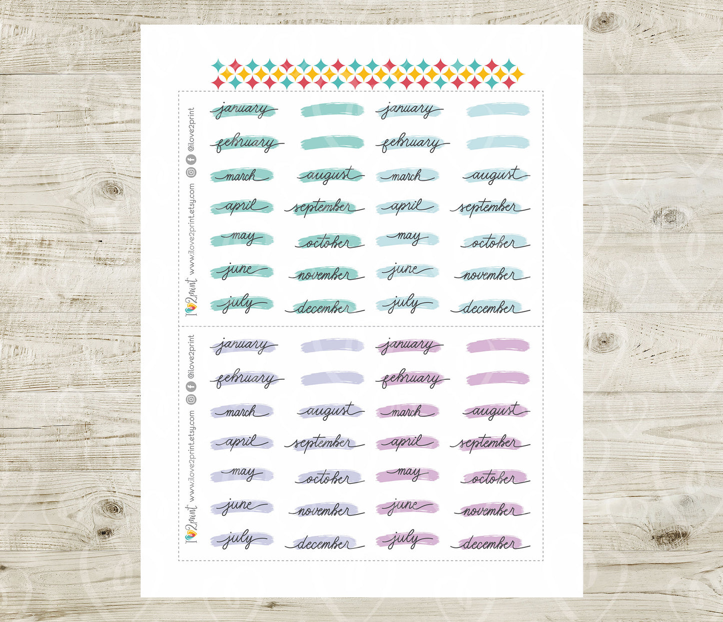 Printable Pastel Month Stickers – Stroke Style, PDF & Cut Files
