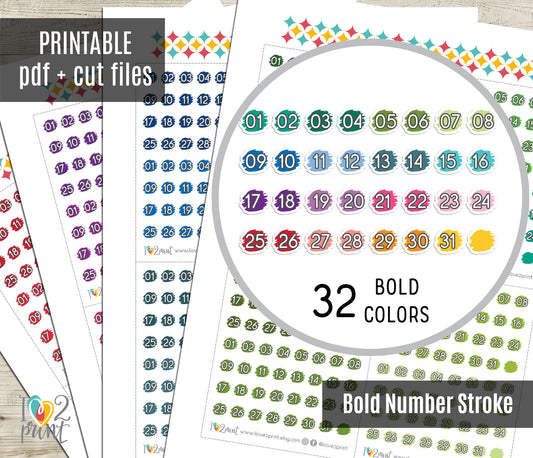 Day Dot Planner Stickers – Printable Stroke BRIGHT Color Dots - PDF & Cut Files
