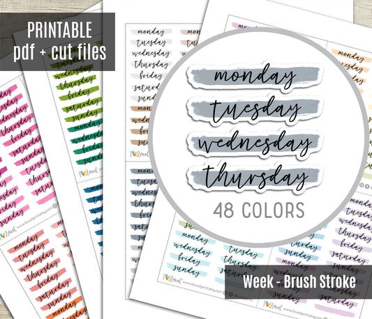 Week Headers Brush Stroke Color Stickers - Printable Week Labels - PDF & Cut Files