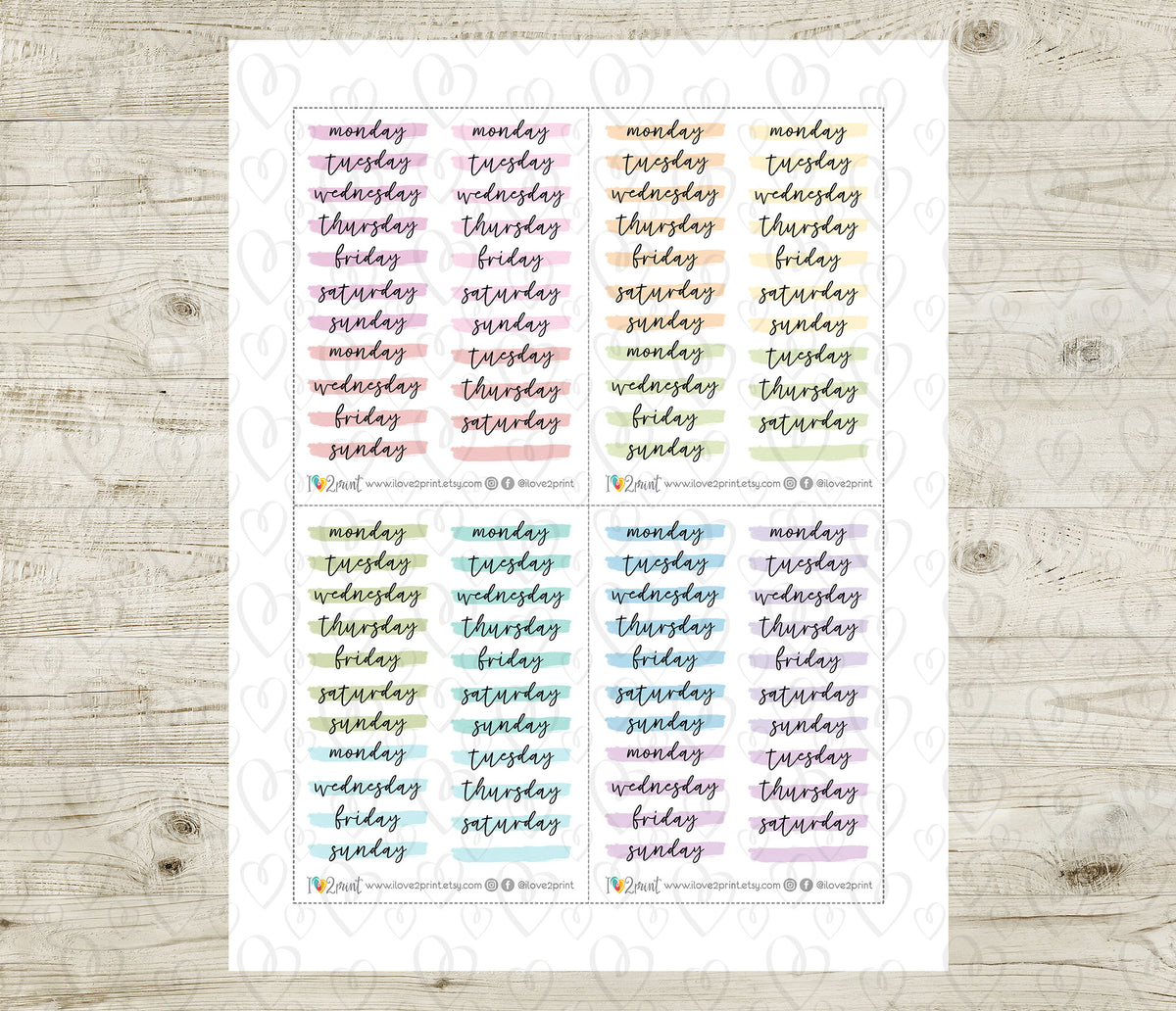 Week Names Stencil Week Headers Brush Stroke Color Stickers - Printable Week Labels - PDF ...