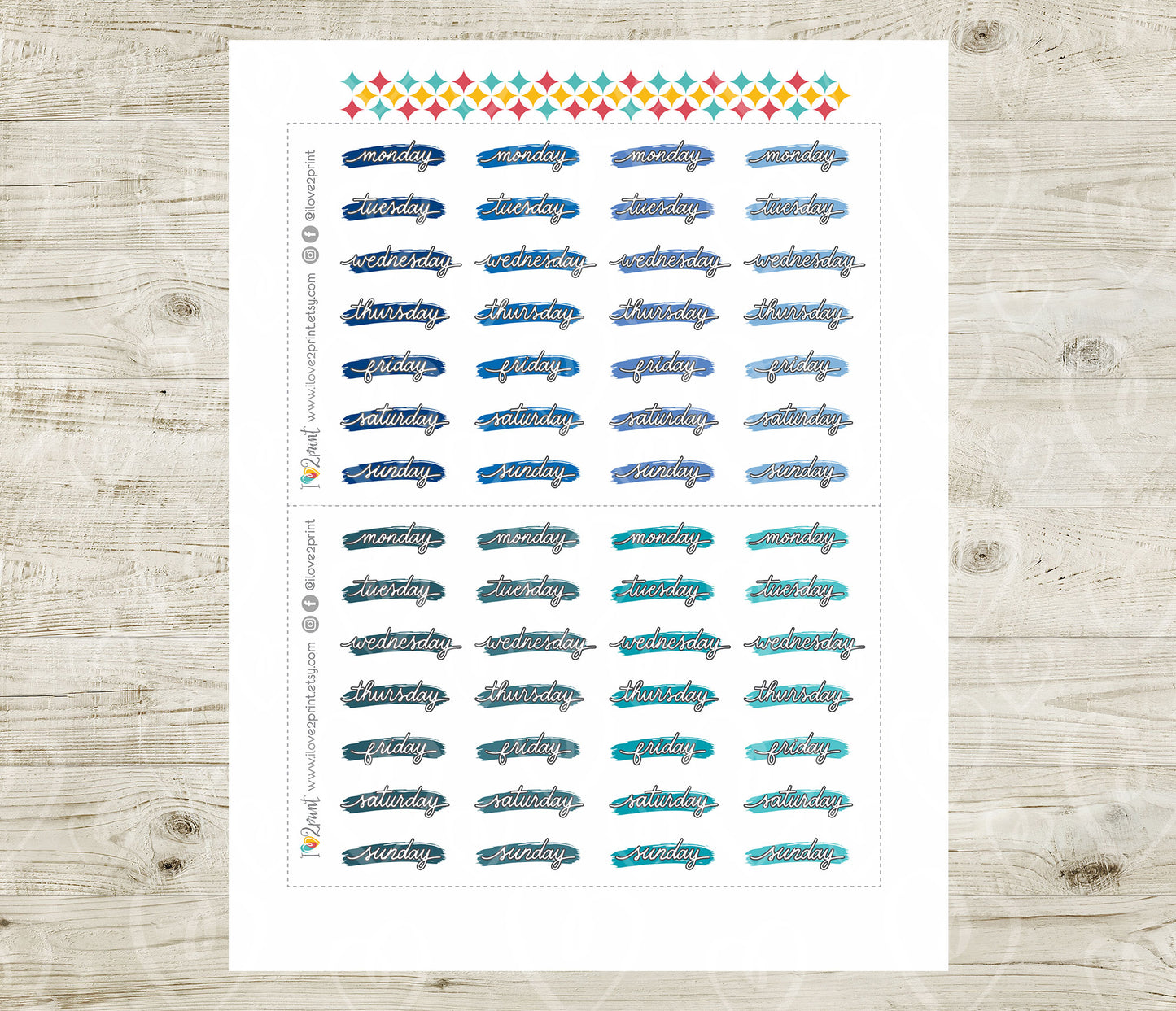 Printable Week Days Stickers – Stroke Bright Color Planner Labels - PDF & Cut Files