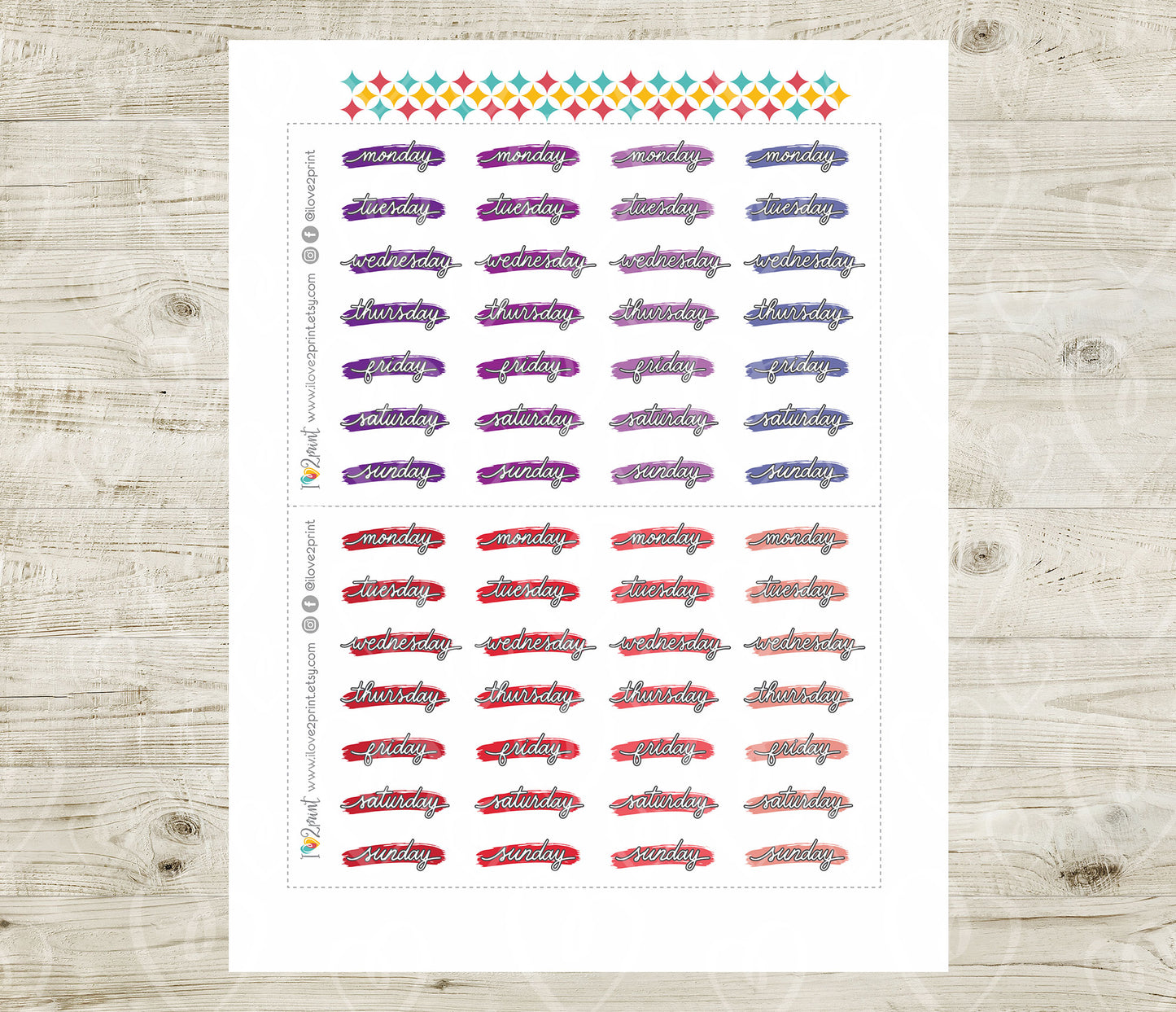 Printable Week Days Stickers – Stroke Bright Color Planner Labels - PDF & Cut Files