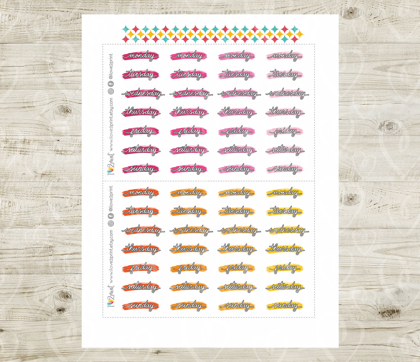 Printable Week Days Stickers – Stroke Bright Color Planner Labels - PDF & Cut Files