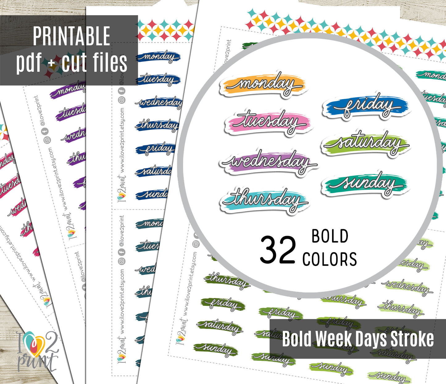 Printable Week Days Stickers – Stroke Bright Color Planner Labels - PDF & Cut Files