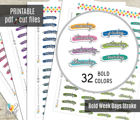 Printable Week Days Stickers – Stroke Bright Color Planner Labels - PDF & Cut Files
