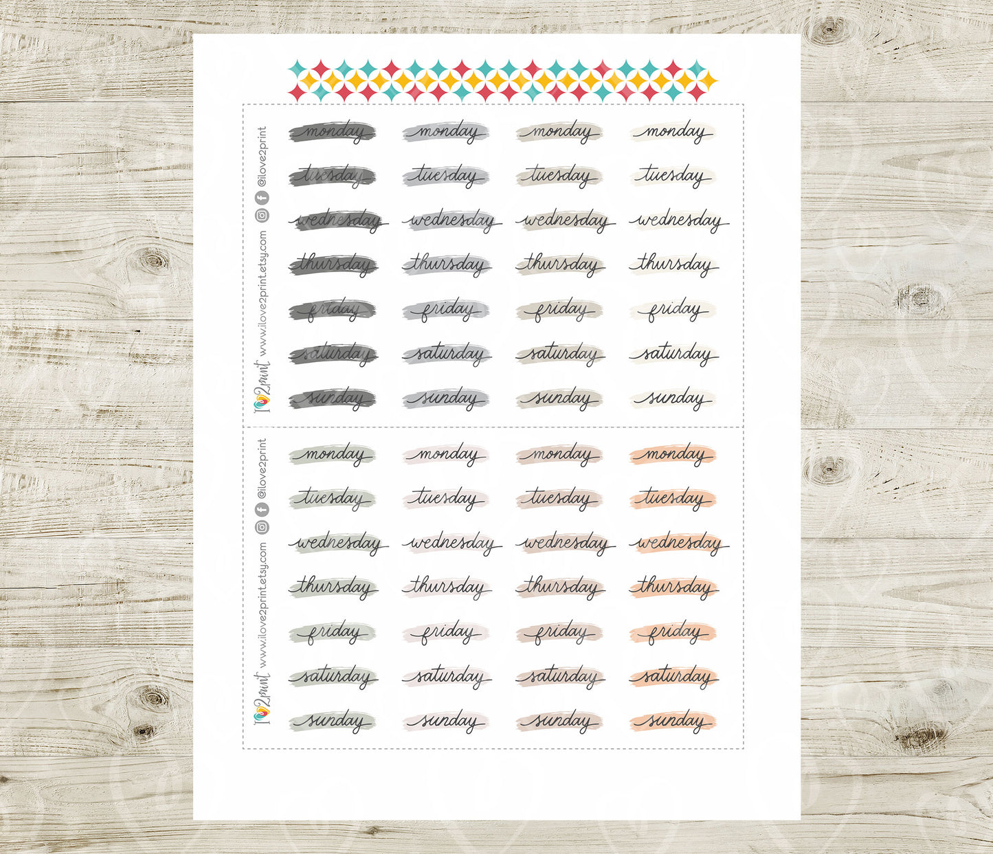 Printable Week Days Stickers – Stroke Pastel Color Planner Labels, PDF & Cut Files