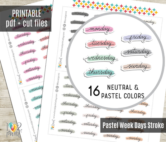 Printable Week Days Stickers – Stroke Pastel Color Planner Labels, PDF & Cut Files