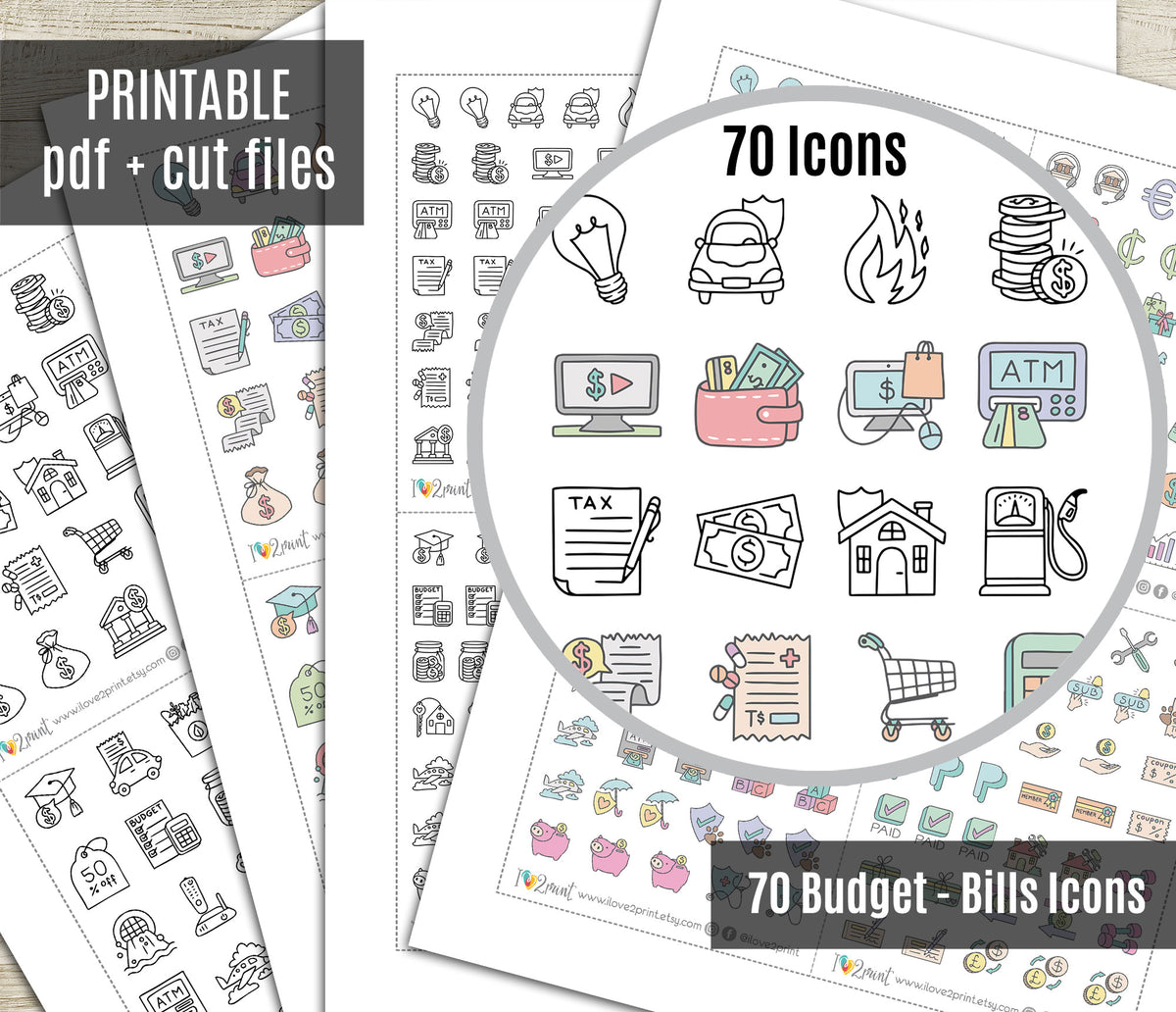 Pay Bills Budget Sampler Printable Stickers | 70 Icons | 2 Sizes