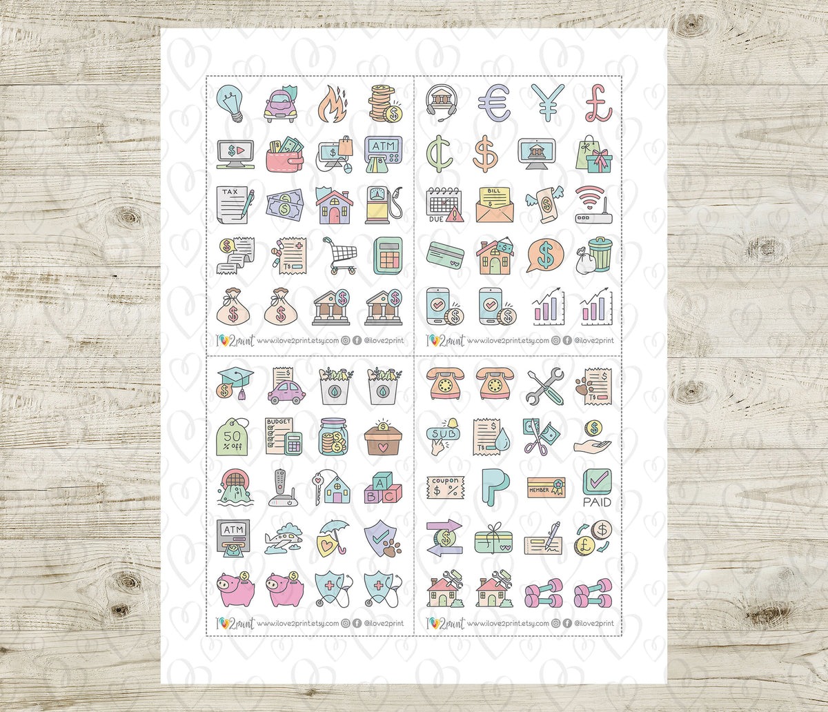 Pay Bills Budget Sampler Printable Stickers | 70 Icons | 2 Sizes