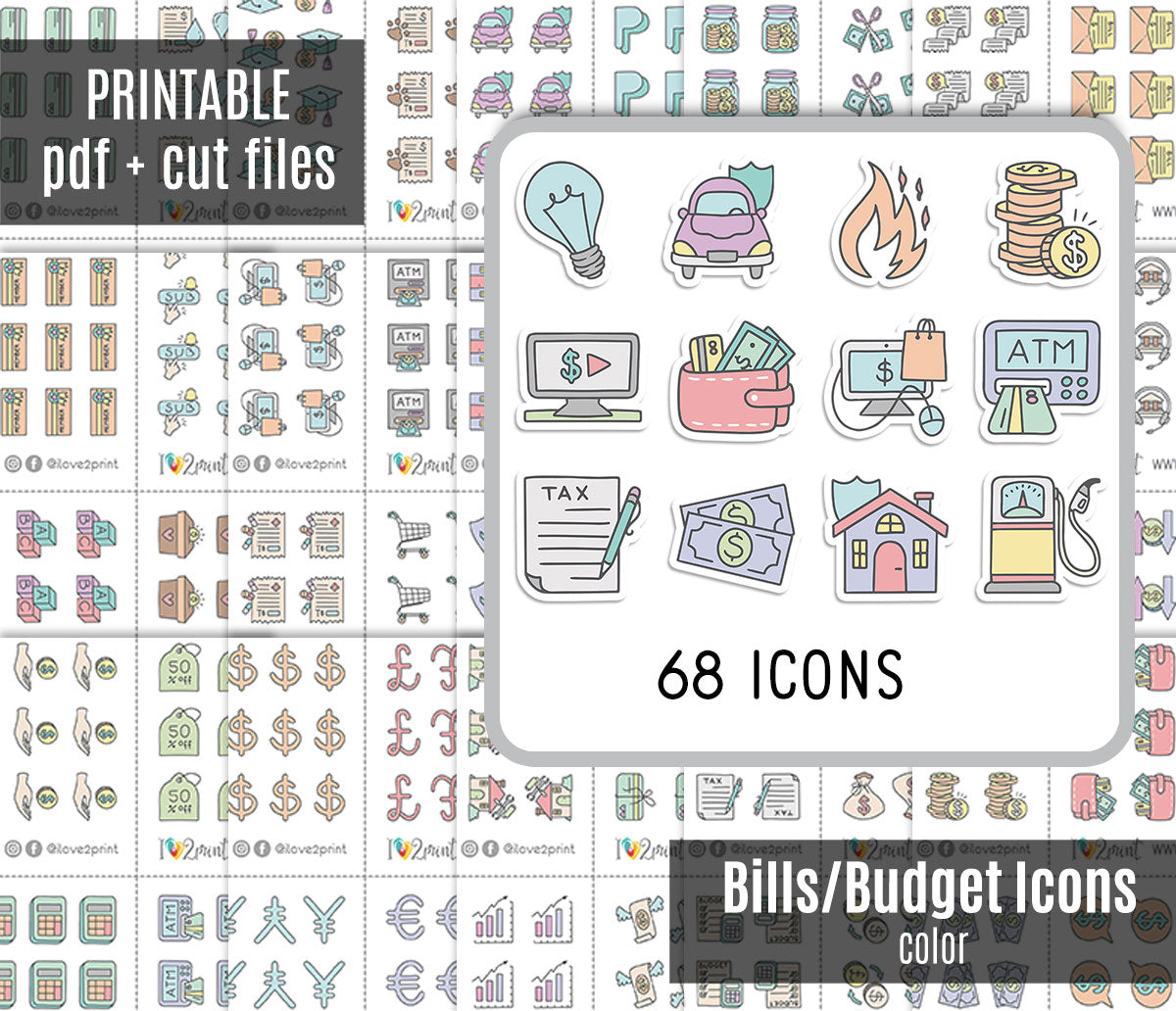 Pay Bills Budget Color Printable Stickers | 68 Mini Icons | 17 Sheets
