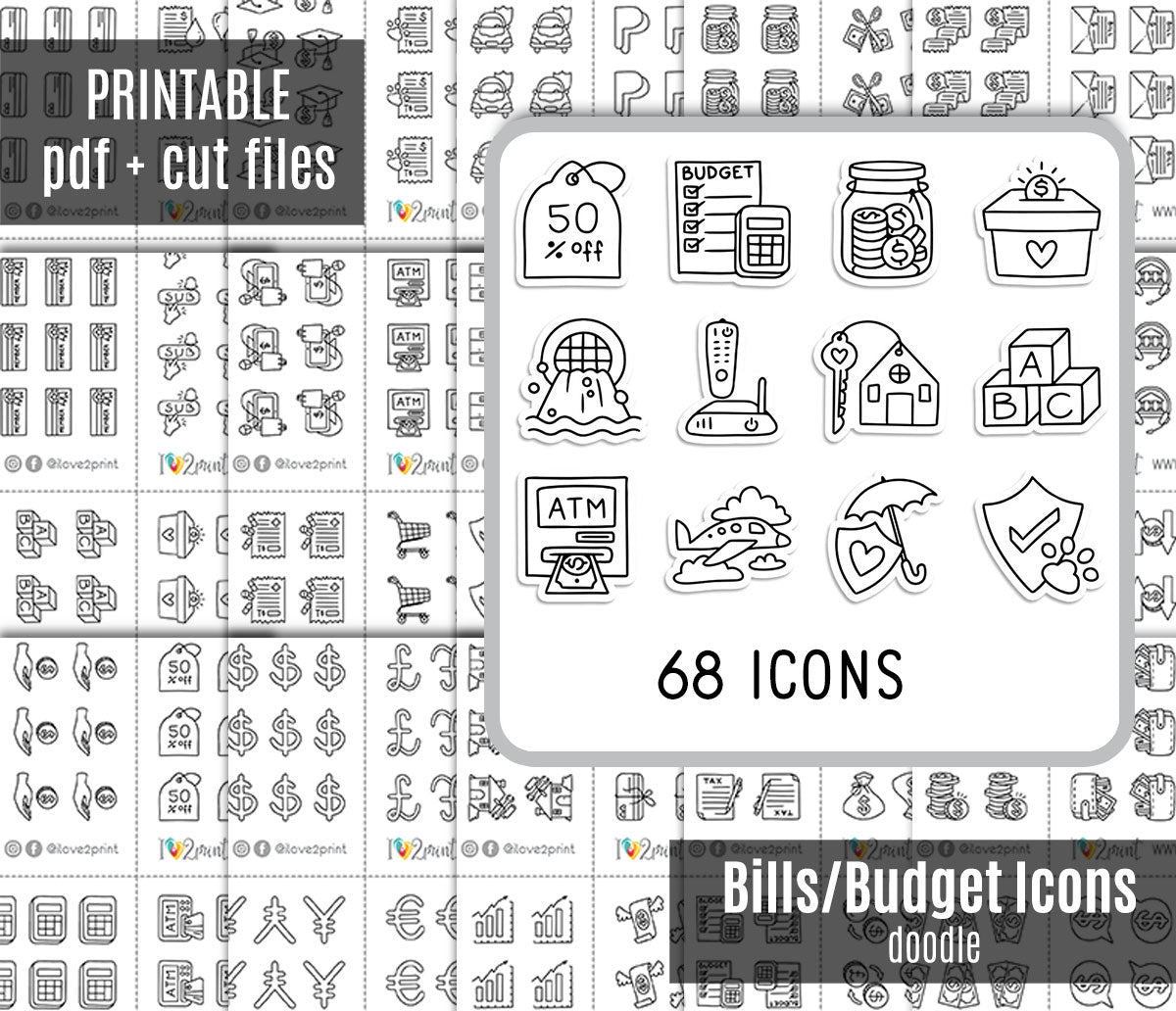 Pay Bills Budget Outline Printable Stickers | 68 Mini Icons | 17 Sheets