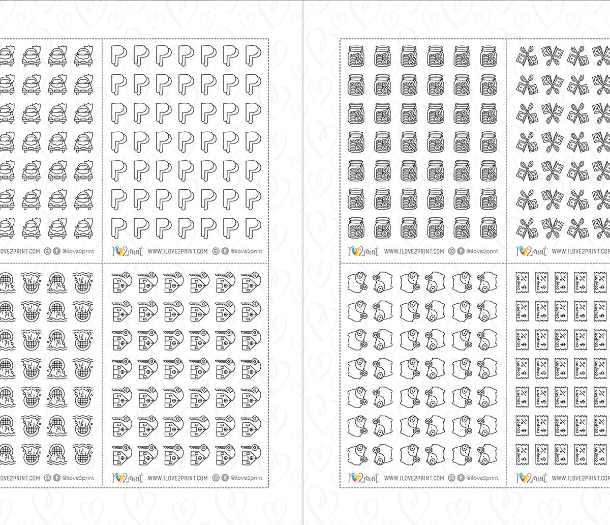 Pay Bills Budget Outline Printable Stickers | 68 Mini Icons | 17 Sheets