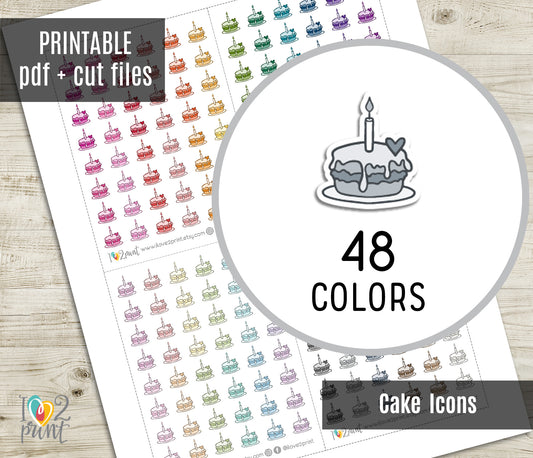 Cake Mini Icon Printable Planner Stickers | 48 Colors | PDF Cut Files