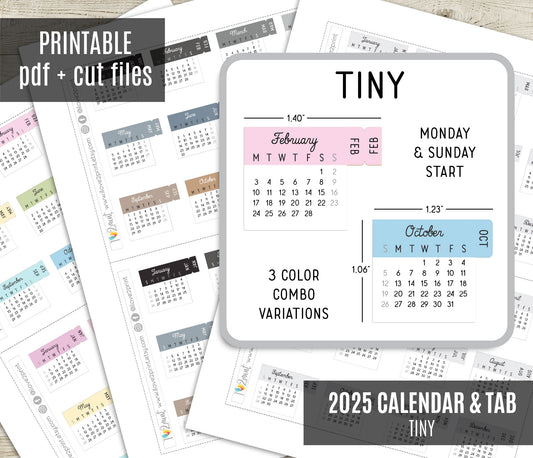 2025 Tiny Pastel Calendar & Month Tab – Minimalist Digital Download - PDF & Cut Files