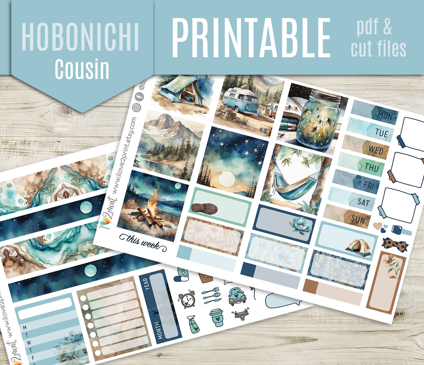 Camping Stickers - Hobonichi Cousin - Printable PDF & Cut Files