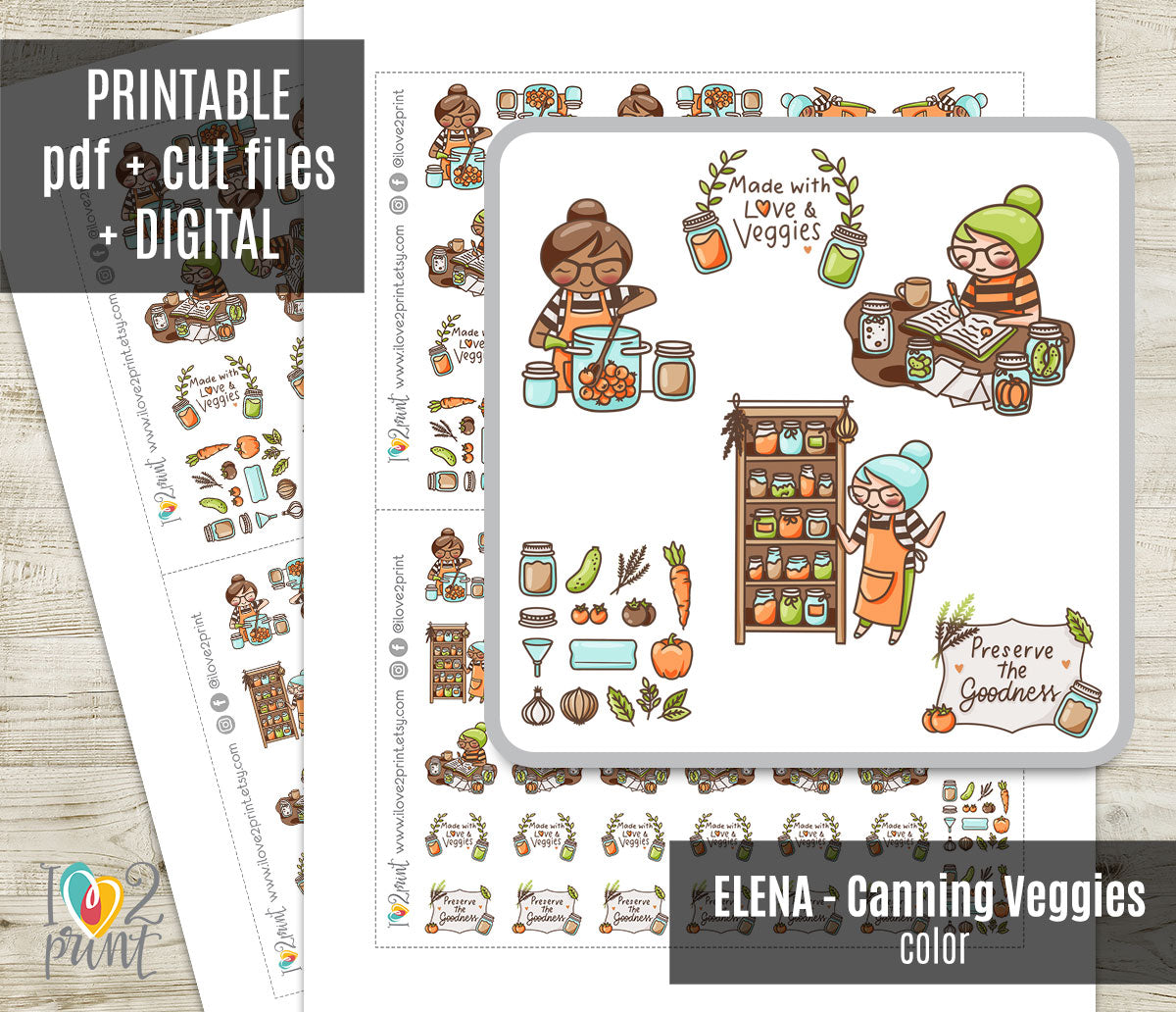 Elena Canning Veggies Color Printable Stickers | 2 Skin Tones | 2 Sizes | PDF Cut Files