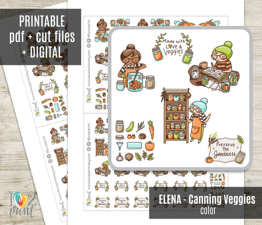 Elena Canning Veggies Color Printable Stickers | 2 Skin Tones | 2 Sizes | PDF Cut Files