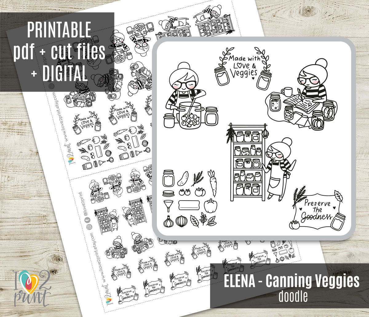 Elena Canning Veggies Doodle Printable Stickers | Outline Preserving | 2 Sizes | PDF Cut Files