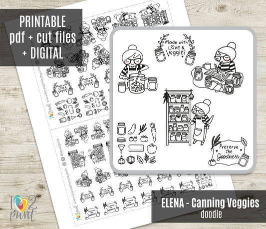 Elena Canning Veggies Doodle Printable Stickers | Outline Preserving | 2 Sizes | PDF Cut Files