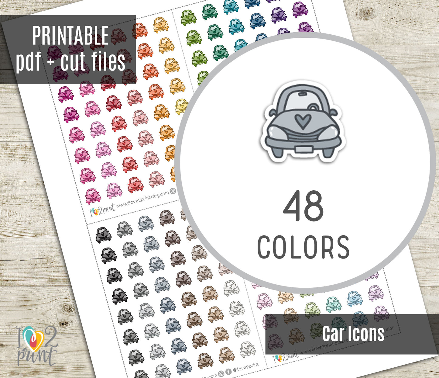 Car icon stickers with 48 color options on a wooden surface