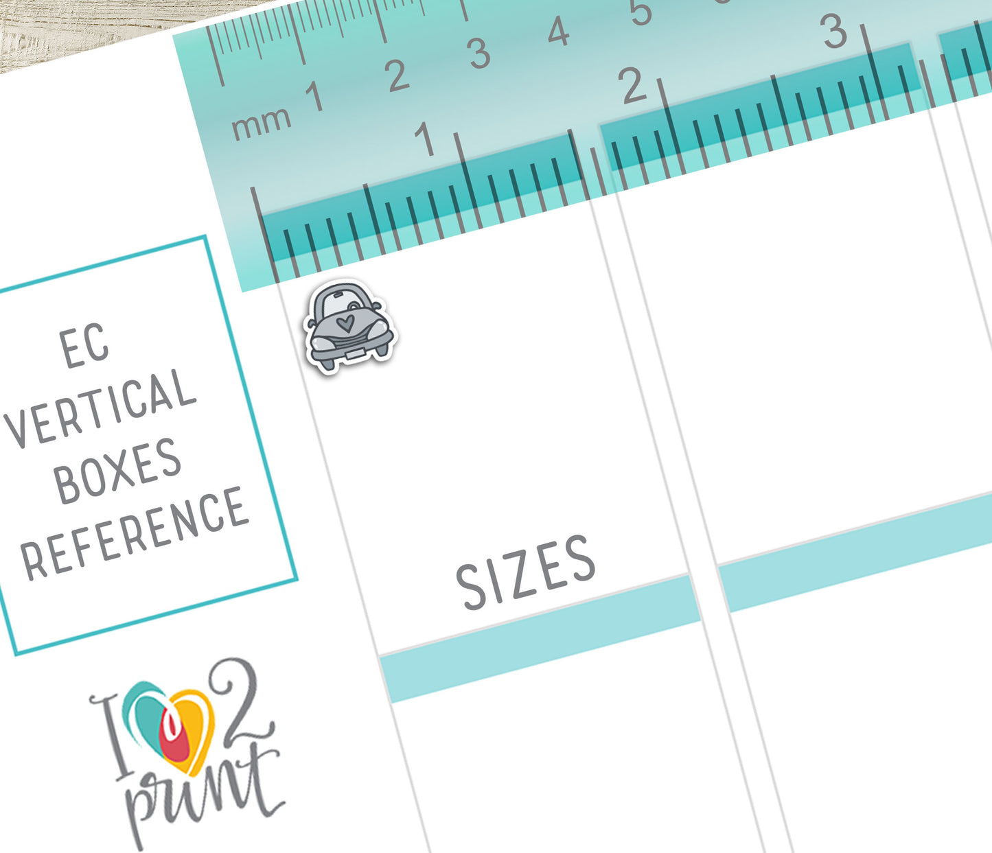 Vertical Planner page with a car sticker with ruler and text on a white background