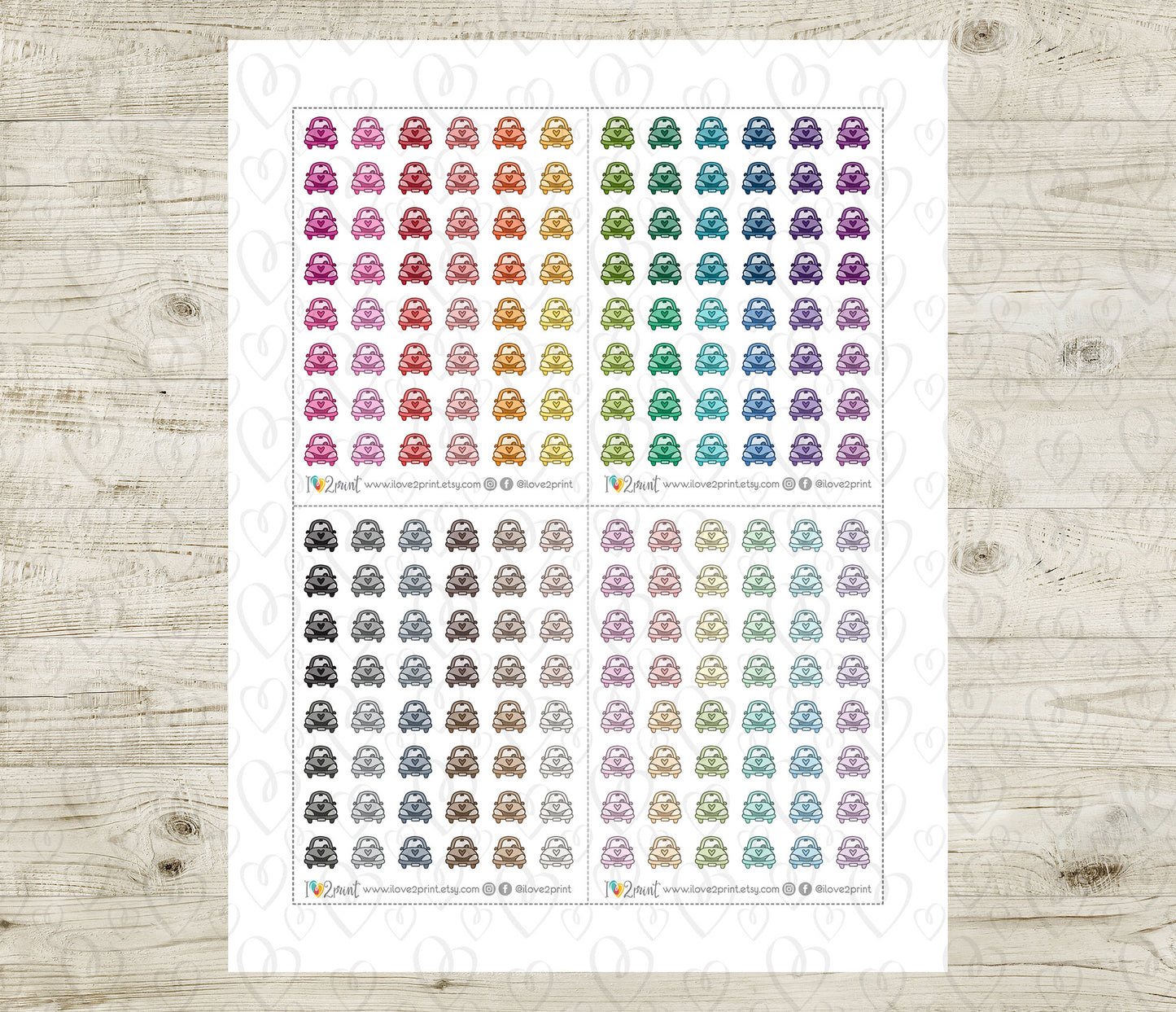 Sheet of colorful car stickers on a wooden surface