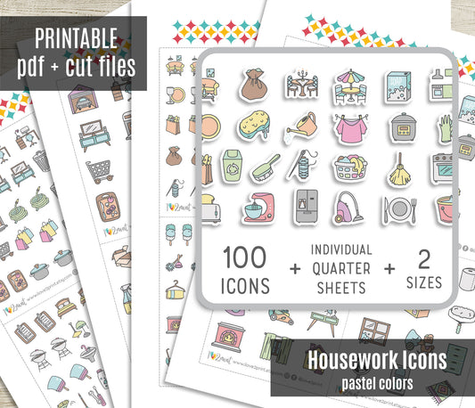 100 Home Chore Pastel Stickers – Printable Planner Icons – PDF + Cut Files – Instant Download