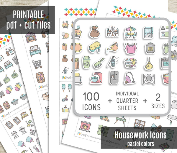 100 Home Chore Pastel Stickers – Printable Planner Icons – PDF + Cut Files – Instant Download