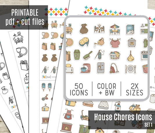 50 Home Chores Stickers set I – Printable Planner Icons (PDF & Cut Files)