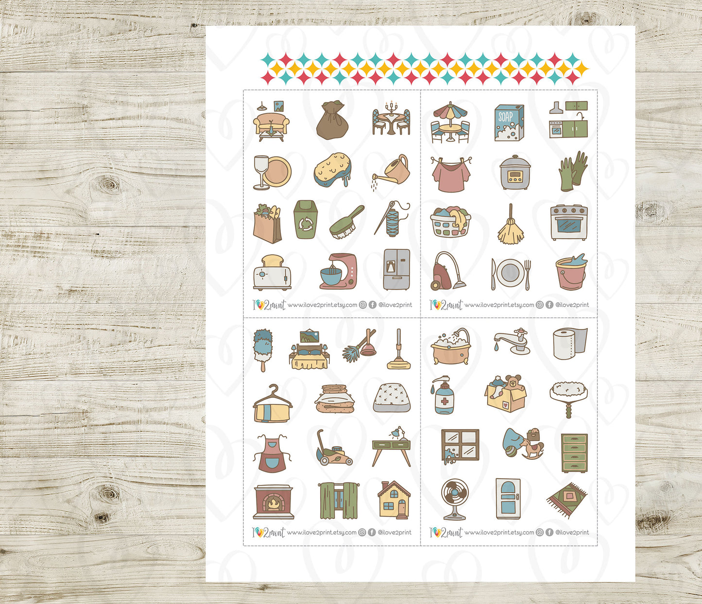 50 Home Chores Stickers set I – Printable Planner Icons (PDF & Cut Files)