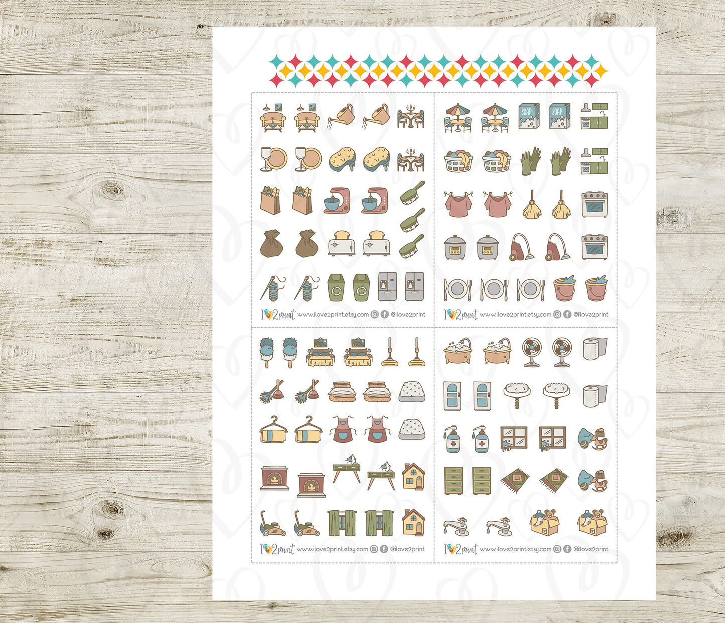 50 Home Chores Stickers set I – Printable Planner Icons (PDF & Cut Files)