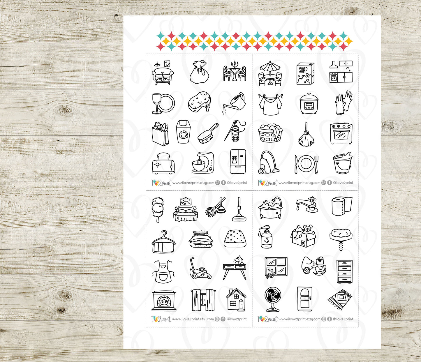 50 Home Chores Stickers set I – Printable Planner Icons (PDF & Cut Files)