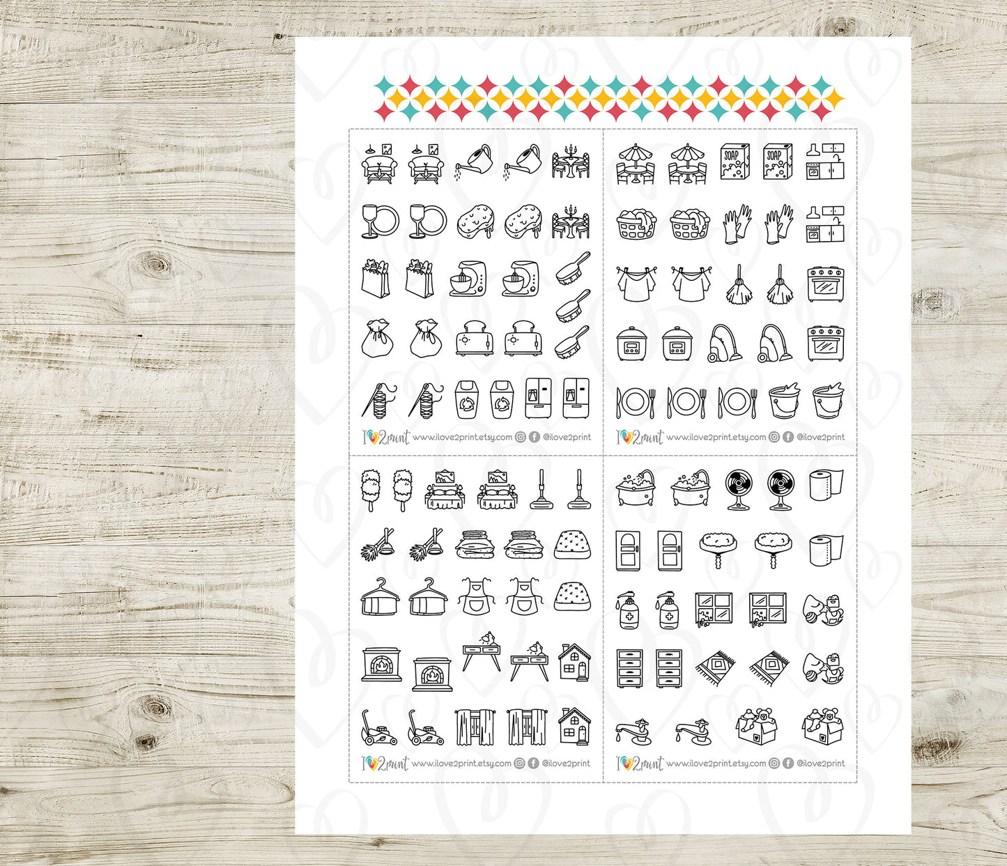 50 Home Chores Stickers set I – Printable Planner Icons (PDF & Cut Files)